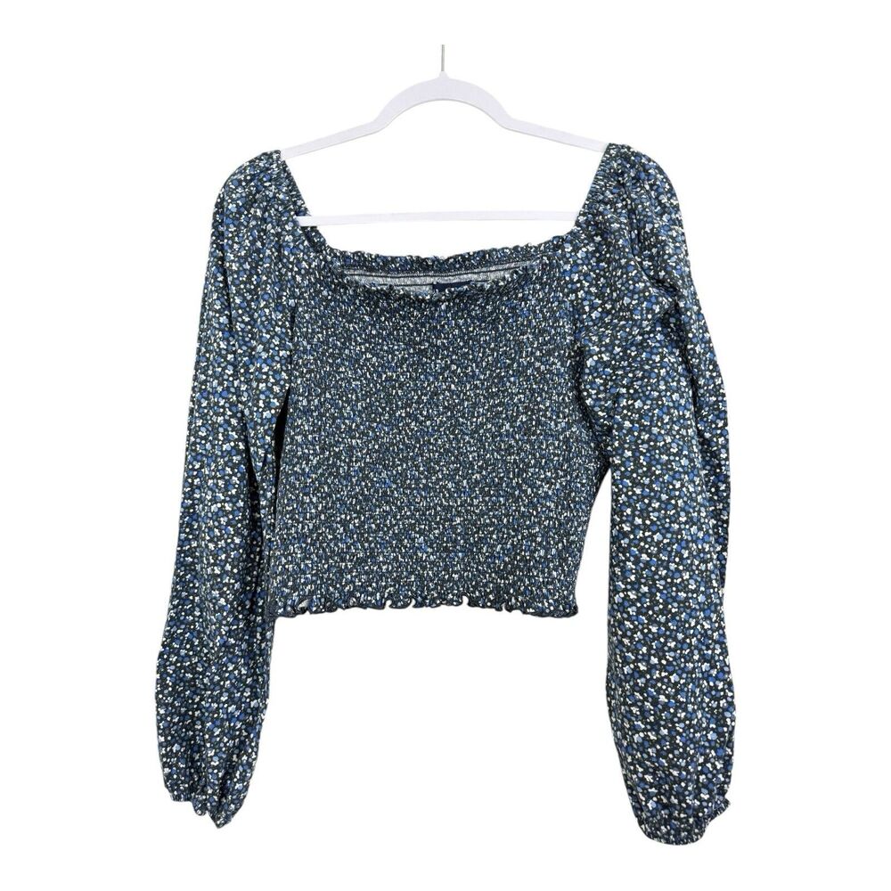 Gap Crop Top Size XL Smocked Square Neck Blue Black Floral Long Sleeves Stretch - Picture 2 of 9
